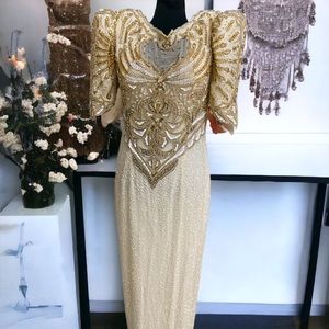 Vintage Landa Dress Size Medium Off White Beaded Silk Long Evening Wedding Gown